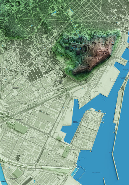 Mapa artístico del relieve de Barcelona, al Barcelonès, con 15 km de entorno y base topográfica ICGC. Detalle de la zona inferior izquierda.