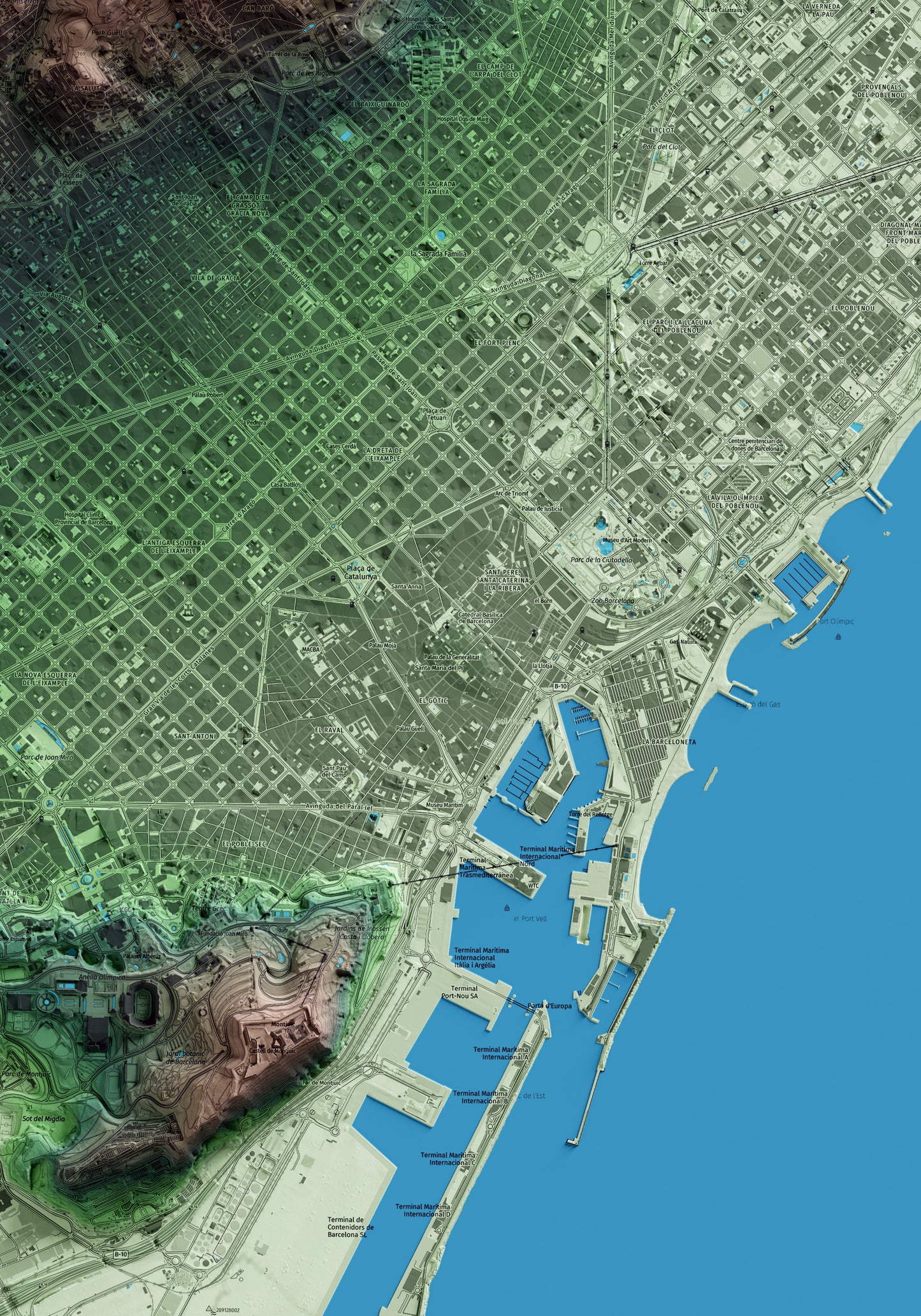 Mapa artístico del relieve de Barcelona, al Barcelonès, con 15 km de entorno y base topográfica ICGC. Detalle de la zona central.