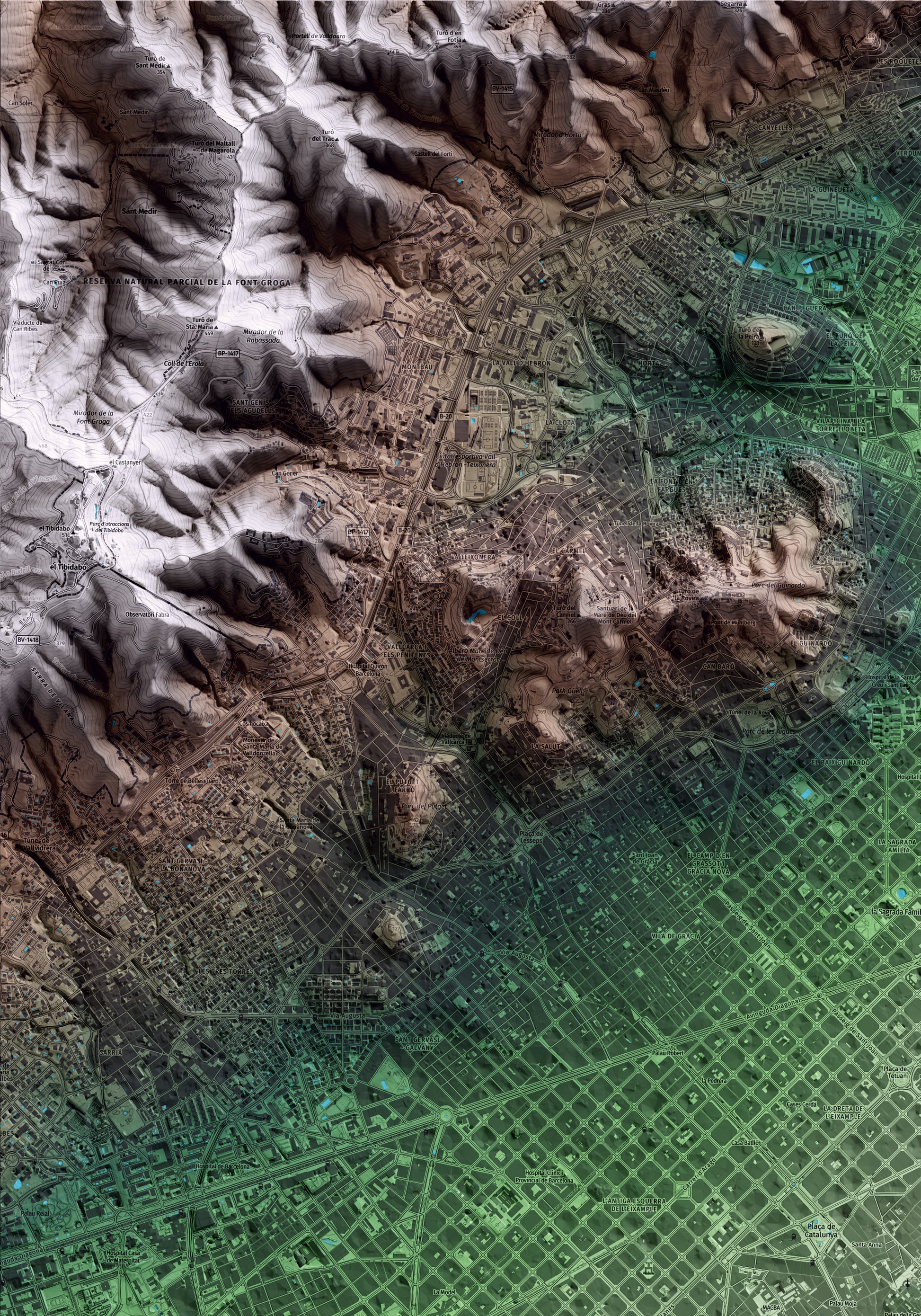 Mapa artístico del relieve de Barcelona, al Barcelonès, con 15 km de entorno y base topográfica ICGC. Detalle de la zona superior izquierda.