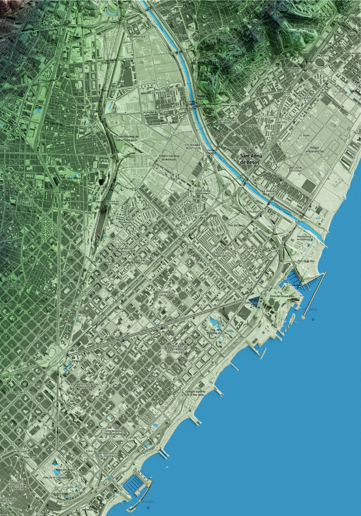 Mapa artístico del relieve de Barcelona, al Barcelonès, con 15 km de entorno y base topográfica ICGC. Detalle de la zona superior derecha.