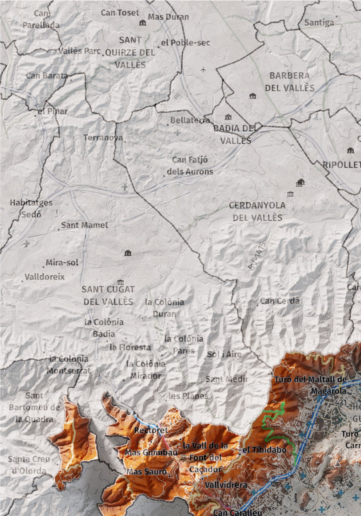 Mapa de relleu del Barcelonès, amb el territori en color i l’entorn en blanc. Detall de la part superior esquerra. 21 × 30 cm. Estil Blau i taronja.