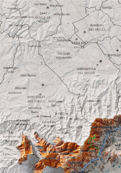 Mapa de relleu del Barcelonès, amb el territori en color i l’entorn en blanc. Detall de la part superior esquerra. 21 × 30 cm. Estil Blau i taronja.