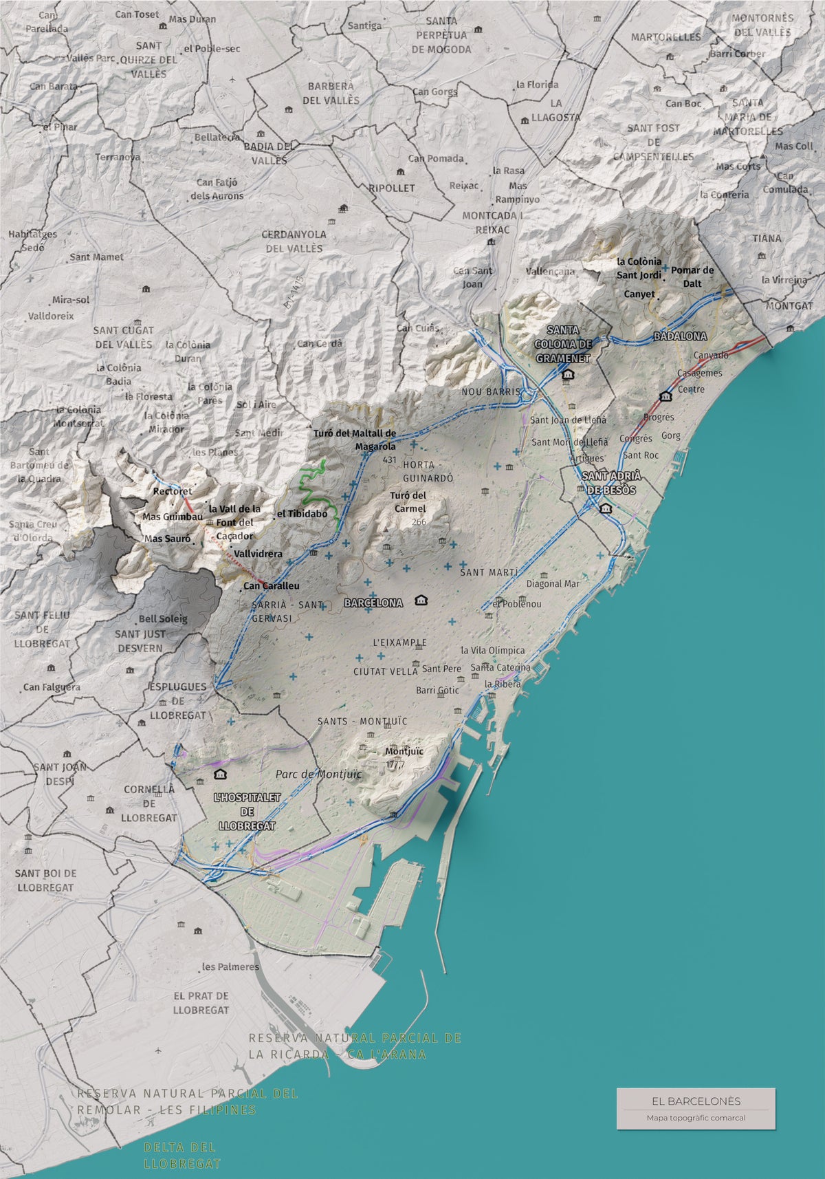 Mapa de relleu del Barcelonès, amb el territori en color i l’entorn en blanc. Vista completa de la làmina. 21 × 30 cm. Estil Cartogràfic.