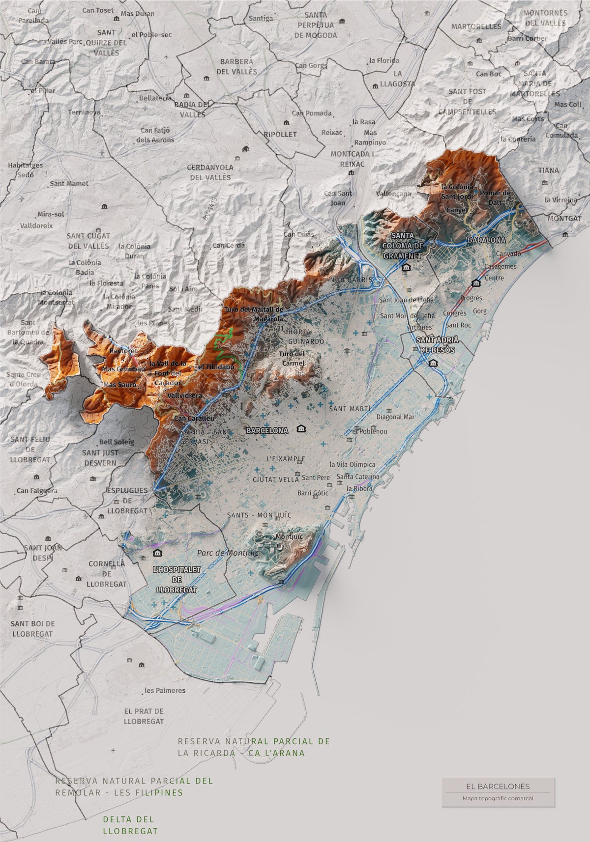 Mapa de relleu del Barcelonès, amb el territori en color i l’entorn en blanc. Vista completa de la làmina. 21 × 30 cm. Estil Blau i taronja.