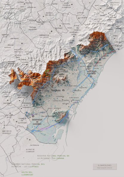 Mapa de relleu del Barcelonès, amb el territori en color i l’entorn en blanc. Vista completa de la làmina. 21 × 30 cm. Estil Blau i taronja.