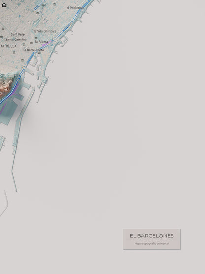 Mapa de relleu del Barcelonès, amb el territori en color i l’entorn en blanc. Detall de la part inferior dreta. 30 × 40 cm. Estil Blau i taronja.