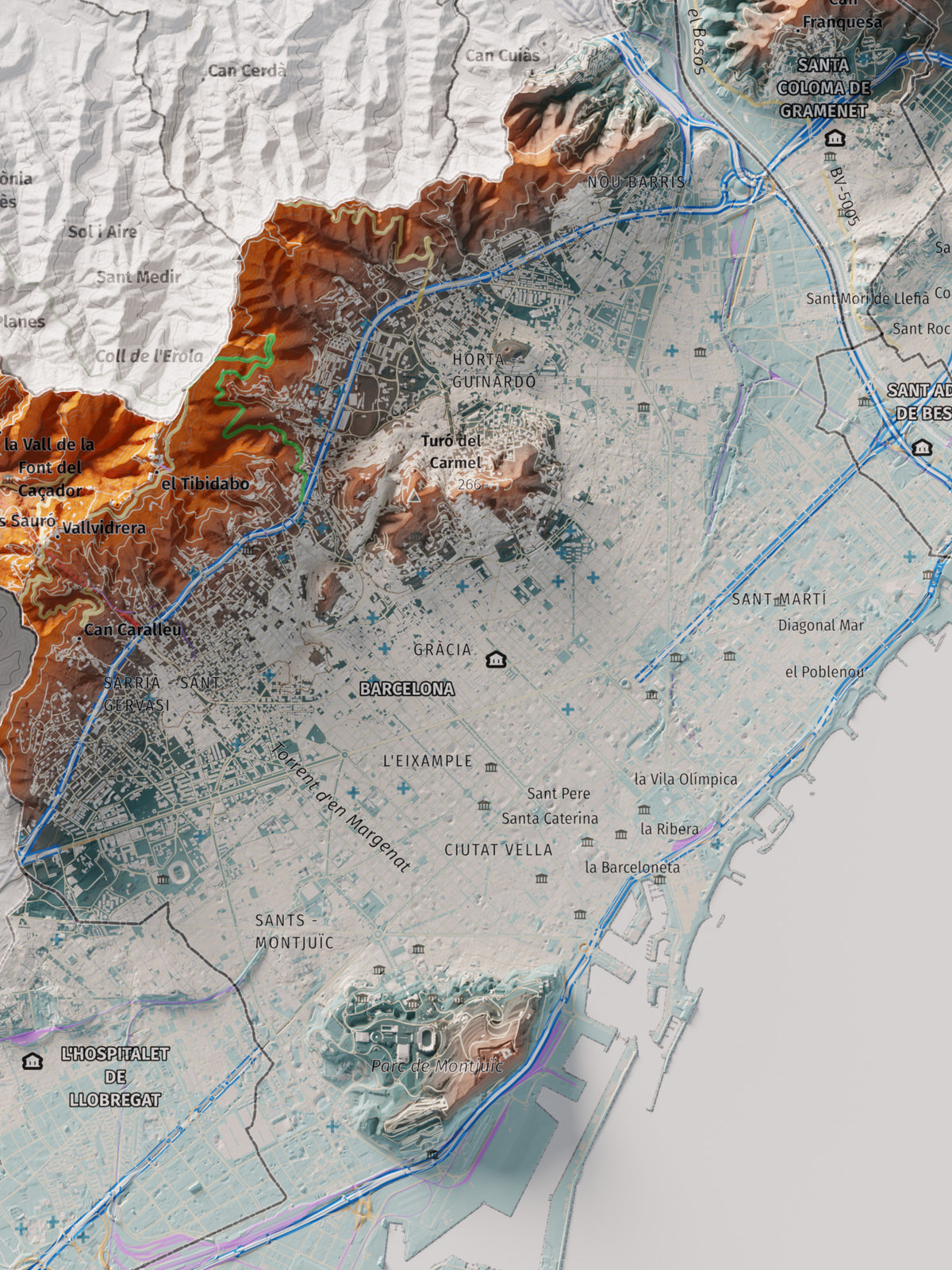 Mapa de relleu del Barcelonès, amb el territori en color i l’entorn en blanc. Detall de la part central. 30 × 40 cm. Estil Blau i taronja.