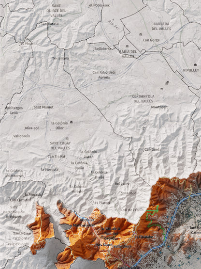 Mapa de relleu del Barcelonès, amb el territori en color i l’entorn en blanc. Detall de la part superior esquerra. 30 × 40 cm. Estil Blau i taronja.