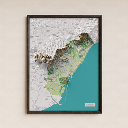 Mapa de relleu del Barcelonès, amb el territori en color i l’entorn en blanc. Presentació amb marc. 30 × 40 cm. Estil Clàssic.