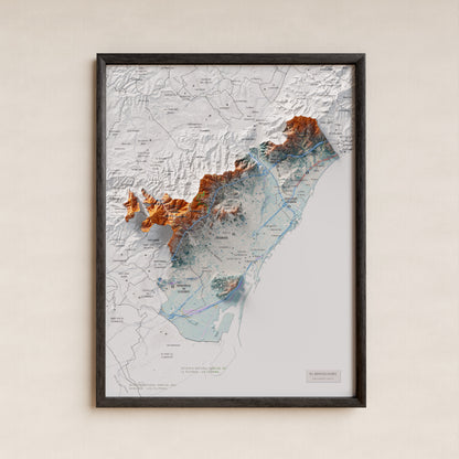 Mapa de relleu del Barcelonès, amb el territori en color i l’entorn en blanc. Presentació amb marc. 30 × 40 cm. Estil Blau i taronja.
