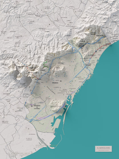 Mapa de relleu del Barcelonès, amb el territori en color i l’entorn en blanc. Vista completa de la làmina. 30 × 40 cm. Estil Cartogràfic.
