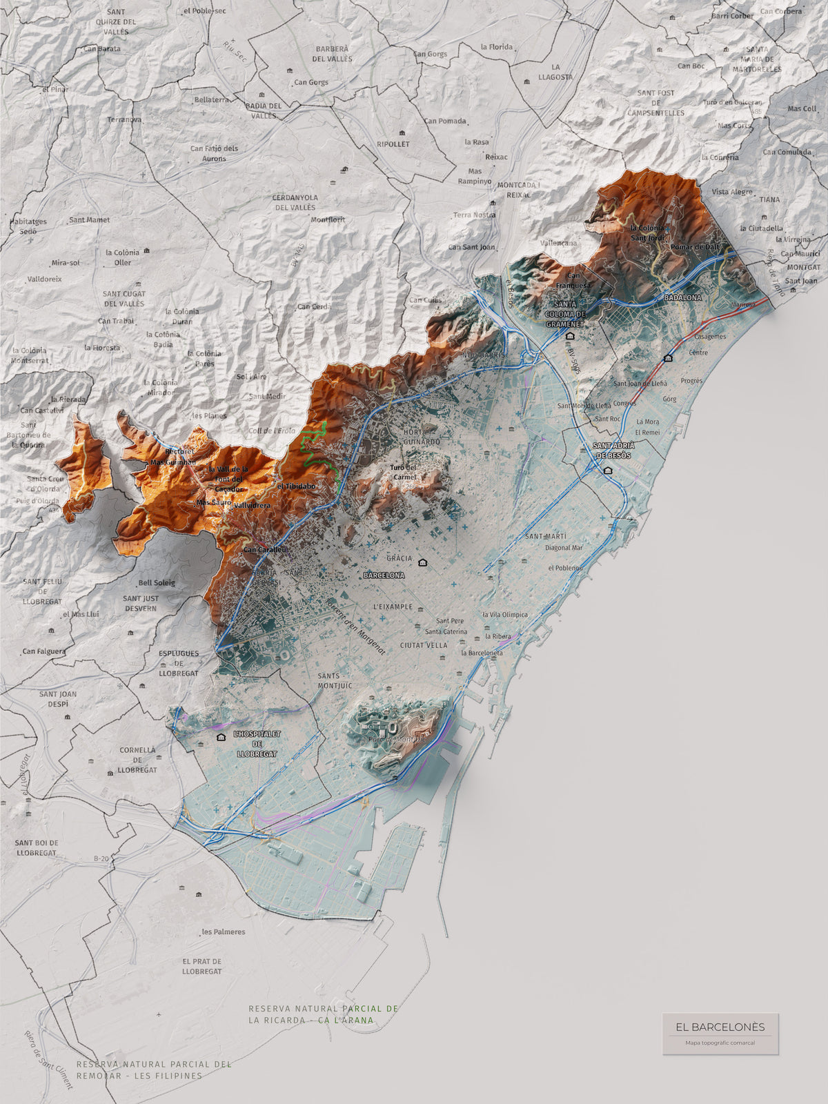 Mapa de relleu del Barcelonès, amb el territori en color i l’entorn en blanc. Vista completa de la làmina. 30 × 40 cm. Estil Blau i taronja.