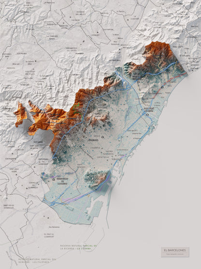Mapa de relleu del Barcelonès, amb el territori en color i l’entorn en blanc. Vista completa de la làmina. 30 × 40 cm. Estil Blau i taronja.