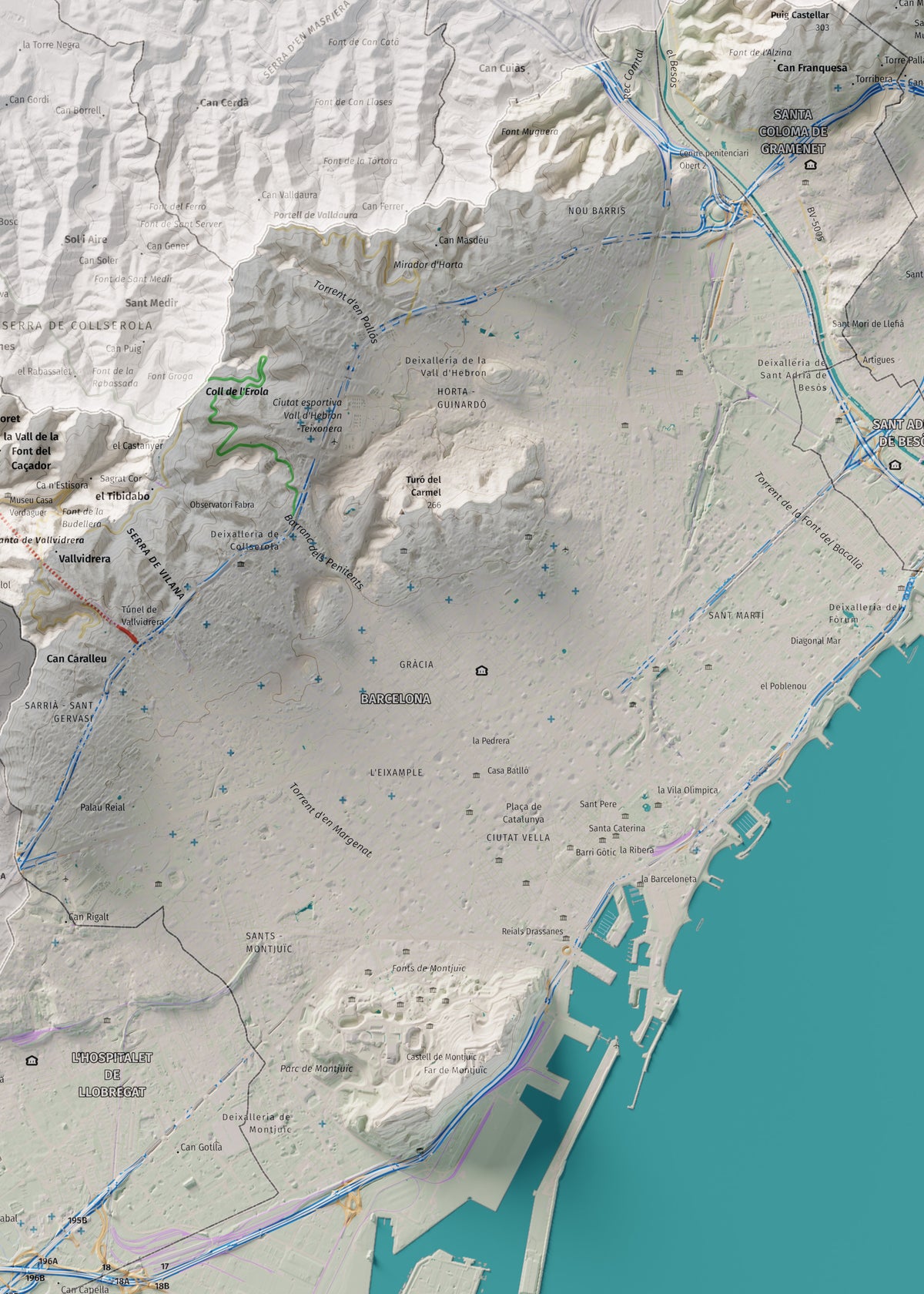 Mapa de relleu del Barcelonès, amb el territori en color i l’entorn en blanc. Detall de la part central. 50 × 70 cm. Estil Cartogràfic.
