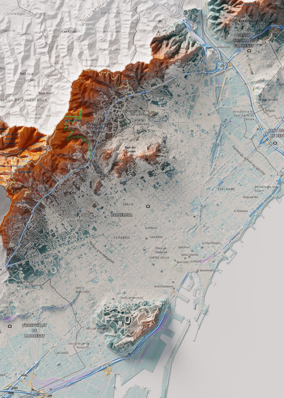 Mapa de relleu del Barcelonès, amb el territori en color i l’entorn en blanc. Detall de la part central. 50 × 70 cm. Estil Blau i taronja.