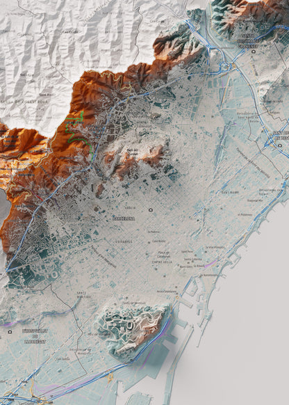 Mapa de relleu del Barcelonès, amb el territori en color i l’entorn en blanc. Detall de la part central. 50 × 70 cm. Estil Blau i taronja.