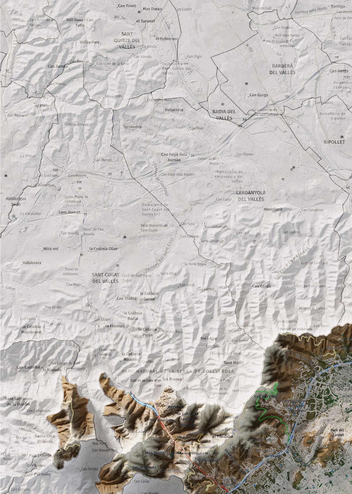Mapa de relleu del Barcelonès, amb el territori en color i l’entorn en blanc. Detall de la part superior esquerra. 50 × 70 cm. Estil Clàssic.