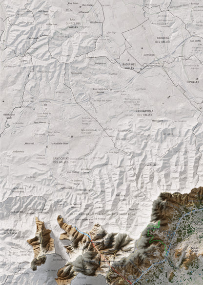 Mapa de relleu del Barcelonès, amb el territori en color i l’entorn en blanc. Detall de la part superior esquerra. 50 × 70 cm. Estil Clàssic.