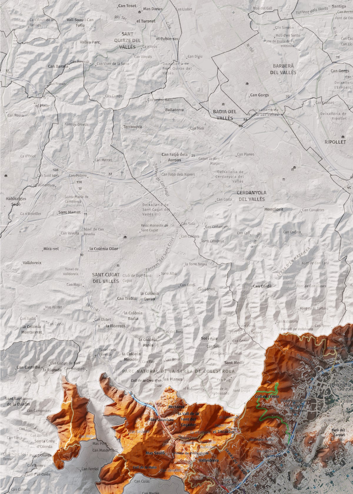 Mapa de relleu del Barcelonès, amb el territori en color i l’entorn en blanc. Detall de la part superior esquerra. 50 × 70 cm. Estil Blau i taronja.