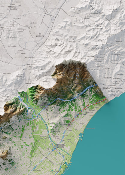 Mapa de relleu del Barcelonès, amb el territori en color i l’entorn en blanc. Detall de la part superior dreta. 50 × 70 cm. Estil Clàssic.
