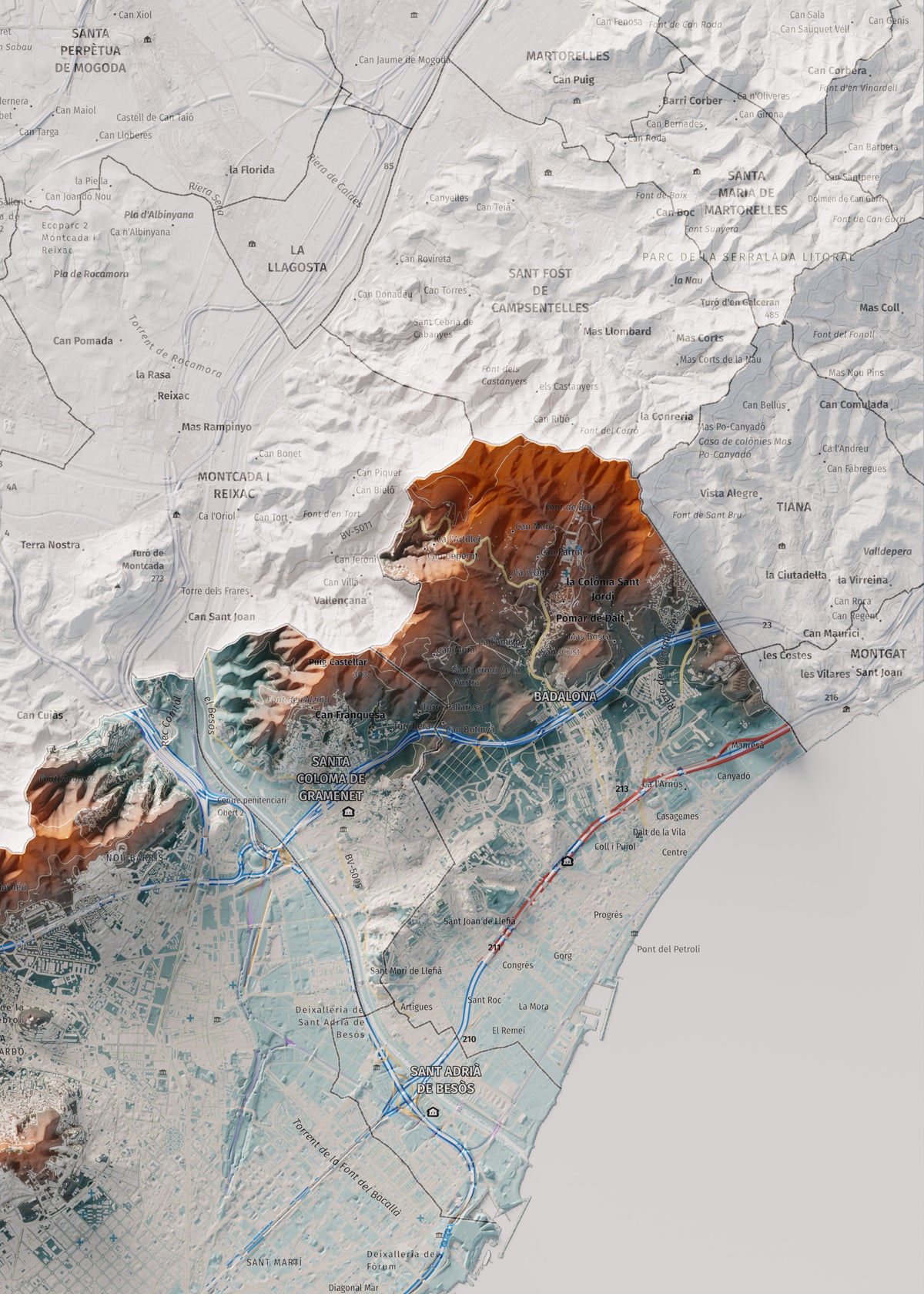 Mapa de relleu del Barcelonès, amb el territori en color i l’entorn en blanc. Detall de la part superior dreta. 50 × 70 cm. Estil Blau i taronja.