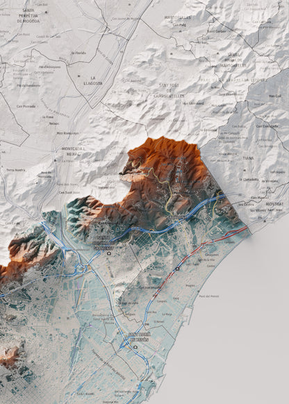 Mapa de relleu del Barcelonès, amb el territori en color i l’entorn en blanc. Detall de la part superior dreta. 50 × 70 cm. Estil Blau i taronja.
