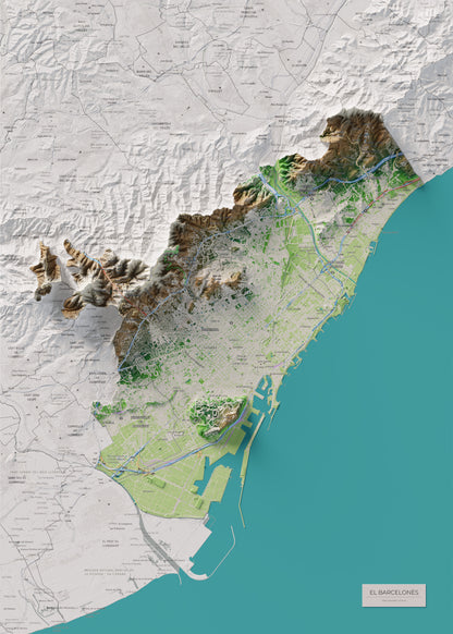 Mapa de relleu del Barcelonès, amb el territori en color i l’entorn en blanc. Vista completa de la làmina. 50 × 70 cm. Estil Clàssic.