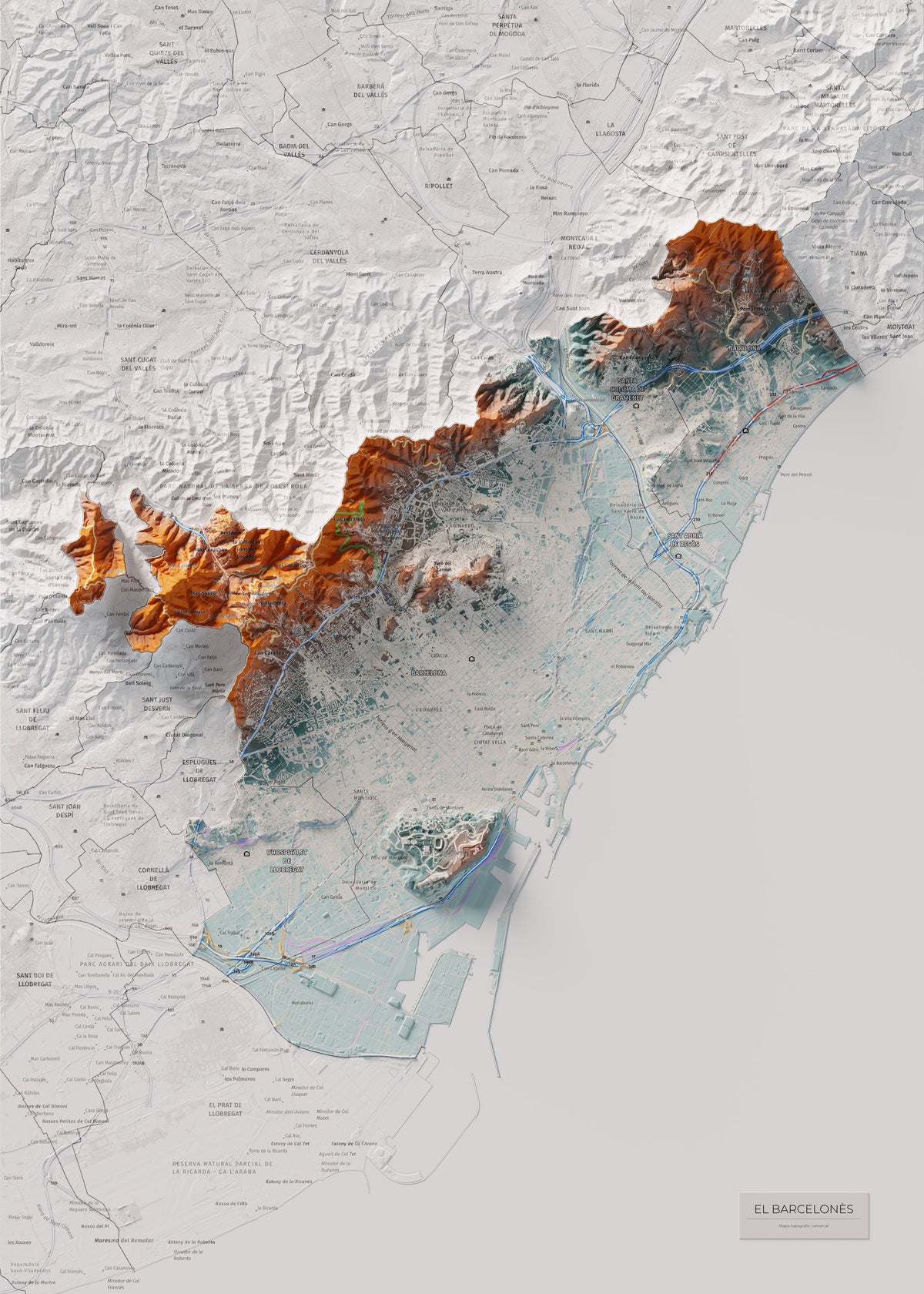 Mapa de relleu del Barcelonès, amb el territori en color i l’entorn en blanc. Vista completa de la làmina. 50 × 70 cm. Estil Blau i taronja.