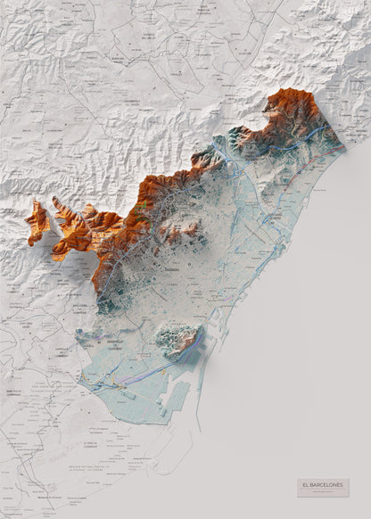 Mapa de relleu del Barcelonès, amb el territori en color i l’entorn en blanc. Vista completa de la làmina. 50 × 70 cm. Estil Blau i taronja.