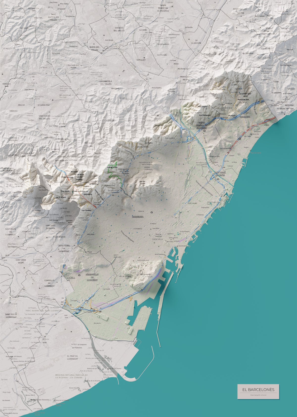 Mapa de relleu del Barcelonès, amb el territori en color i l’entorn en blanc. Vista completa de la làmina. 50 × 70 cm. Estil Cartogràfic.