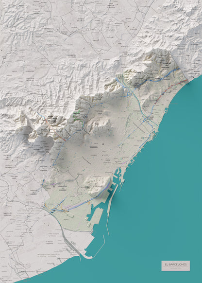 Mapa de relleu del Barcelonès, amb el territori en color i l’entorn en blanc. Vista completa de la làmina. 50 × 70 cm. Estil Cartogràfic.
