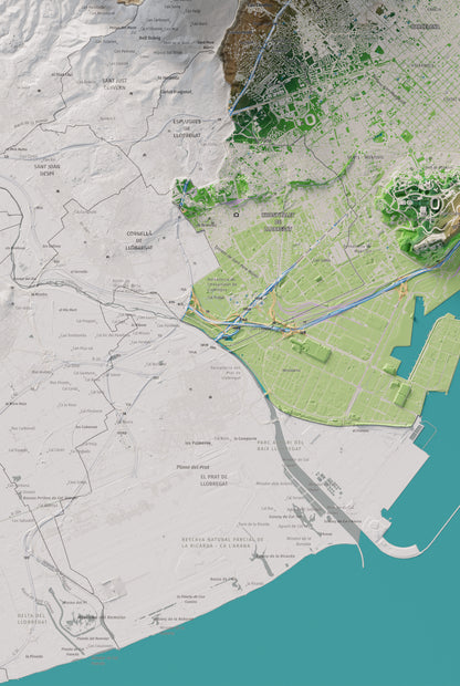 Mapa de relleu del Barcelonès, amb el territori en color i l’entorn en blanc. Detall de la part inferior esquerra. 61 × 91 cm. Estil Clàssic.