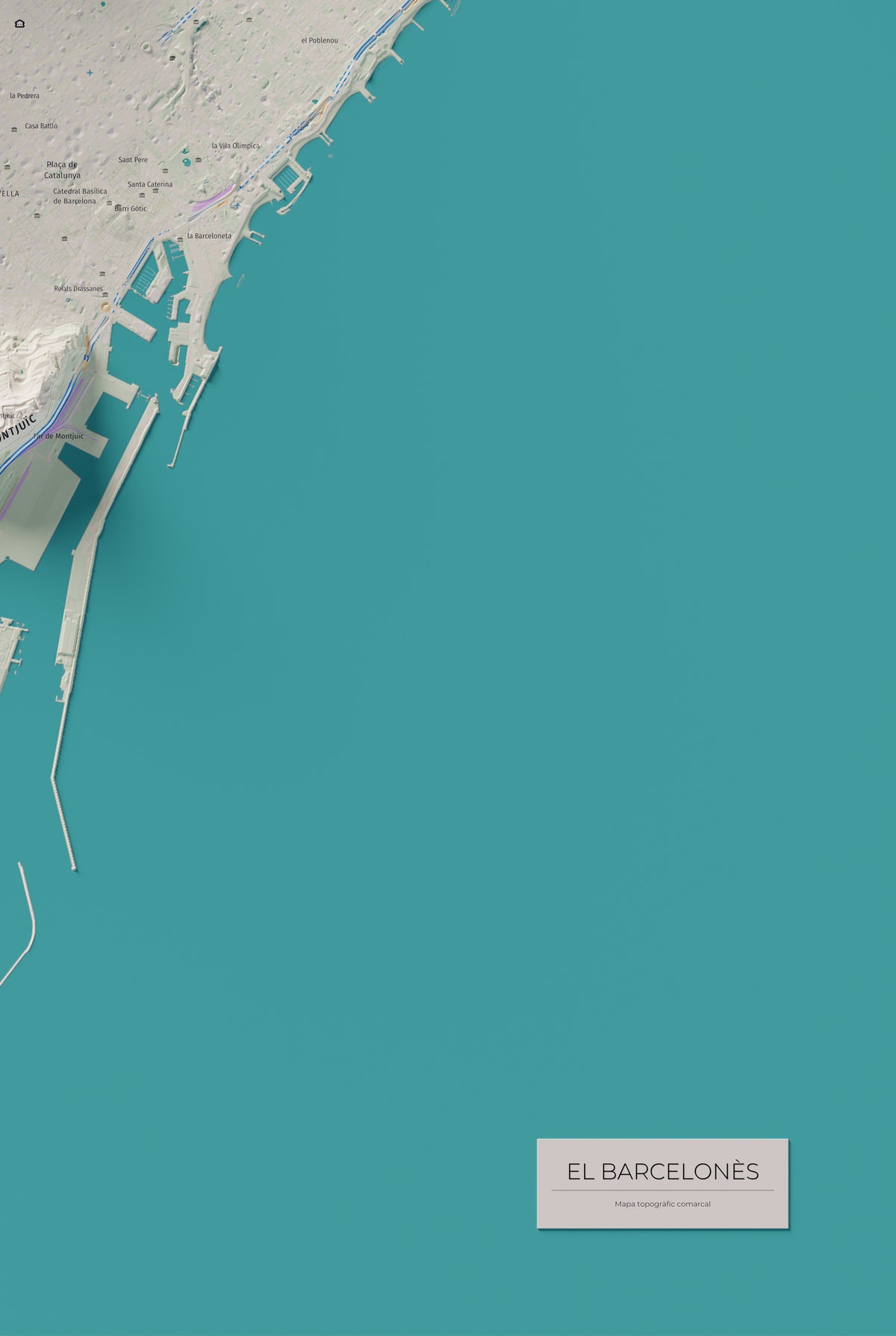 Mapa de relleu del Barcelonès, amb el territori en color i l’entorn en blanc. Detall de la part inferior dreta. 61 × 91 cm. Estil Cartogràfic.