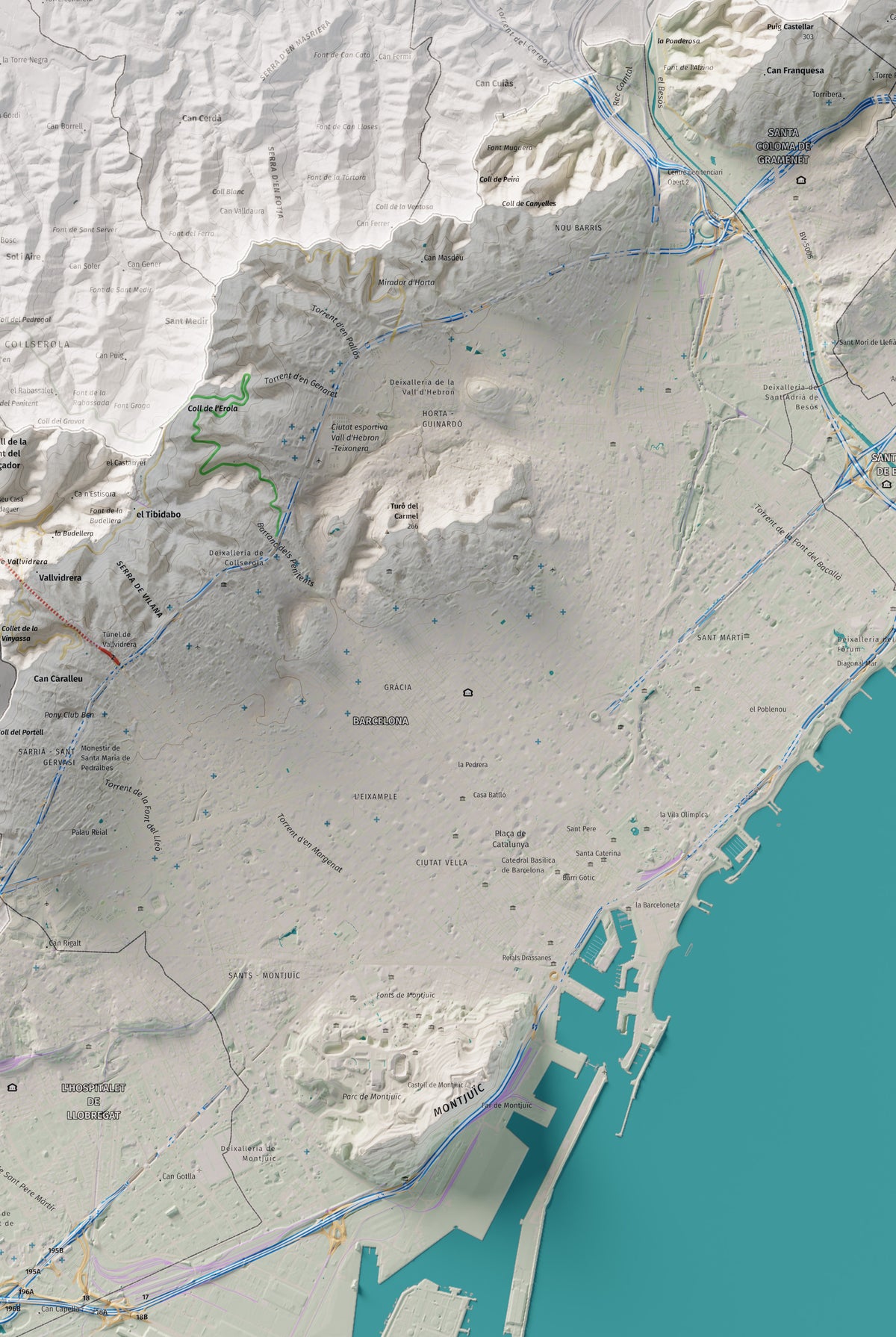Mapa de relleu del Barcelonès, amb el territori en color i l’entorn en blanc. Detall de la part central. 61 × 91 cm. Estil Cartogràfic.