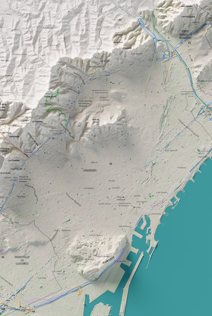 Mapa de relleu del Barcelonès, amb el territori en color i l’entorn en blanc. Detall de la part central. 61 × 91 cm. Estil Cartogràfic.