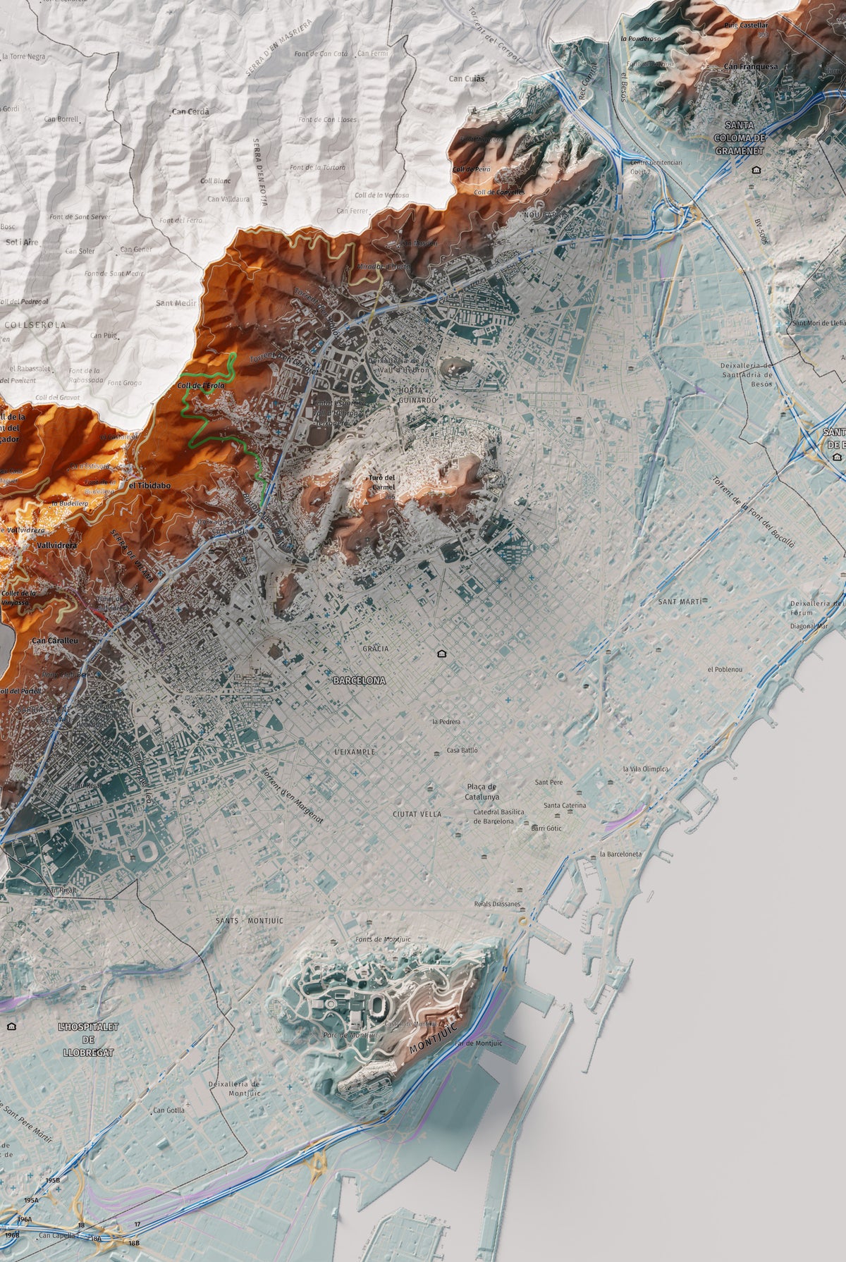Mapa de relleu del Barcelonès, amb el territori en color i l’entorn en blanc. Detall de la part central. 61 × 91 cm. Estil Blau i taronja.