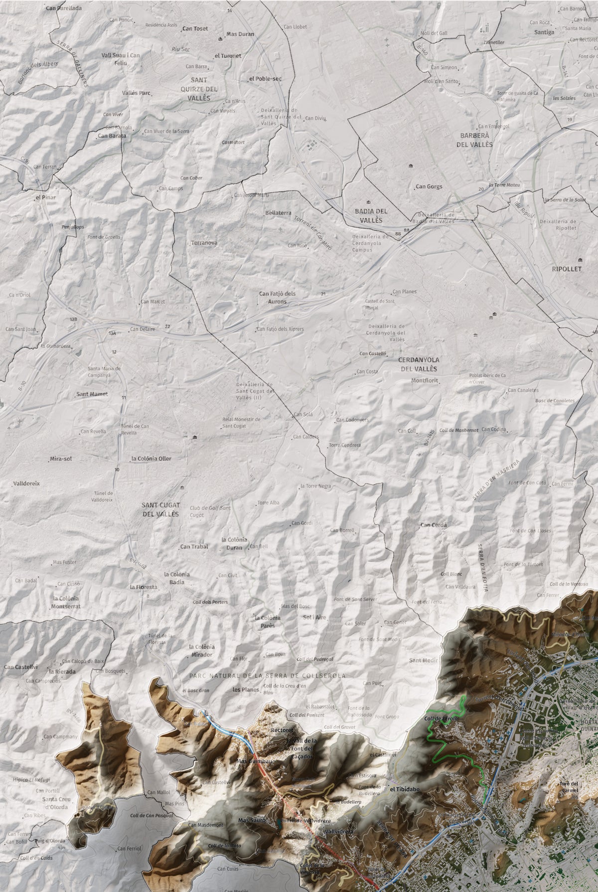 Mapa de relleu del Barcelonès, amb el territori en color i l’entorn en blanc. Detall de la part superior esquerra. 61 × 91 cm. Estil Clàssic.