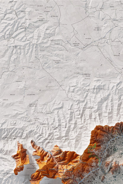 Mapa de relleu del Barcelonès, amb el territori en color i l’entorn en blanc. Detall de la part superior esquerra. 61 × 91 cm. Estil Blau i taronja.