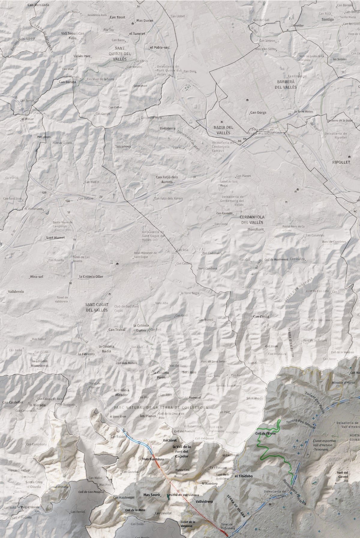 Mapa de relleu del Barcelonès, amb el territori en color i l’entorn en blanc. Detall de la part superior esquerra. 61 × 91 cm. Estil Cartogràfic.