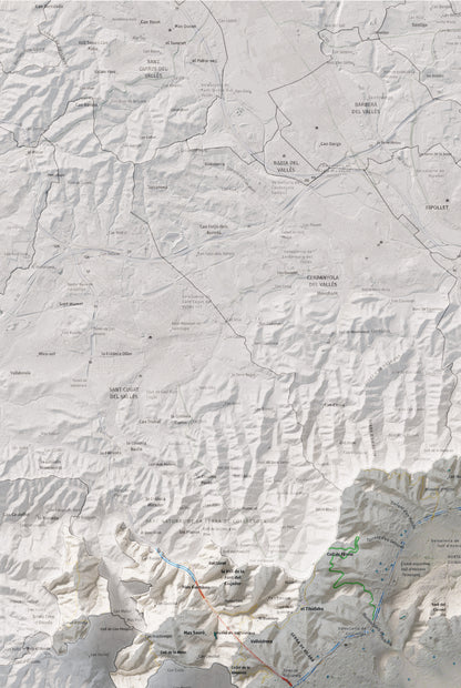 Mapa de relleu del Barcelonès, amb el territori en color i l’entorn en blanc. Detall de la part superior esquerra. 61 × 91 cm. Estil Cartogràfic.