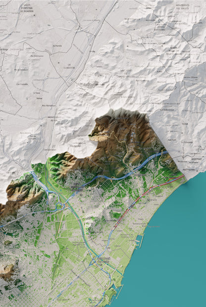 Mapa de relleu del Barcelonès, amb el territori en color i l’entorn en blanc. Detall de la part superior dreta. 61 × 91 cm. Estil Clàssic.