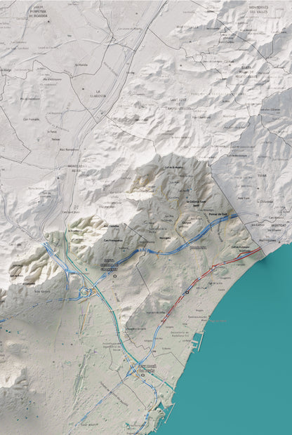 Mapa de relleu del Barcelonès, amb el territori en color i l’entorn en blanc. Detall de la part superior dreta. 61 × 91 cm. Estil Cartogràfic.