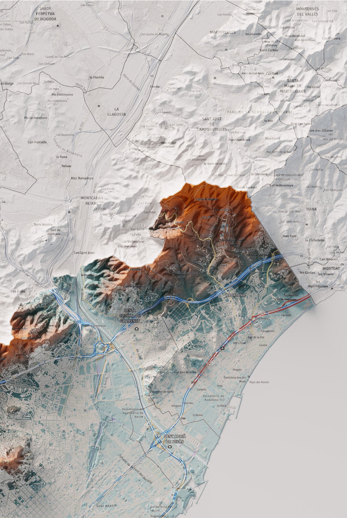 Mapa de relleu del Barcelonès, amb el territori en color i l’entorn en blanc. Detall de la part superior dreta. 61 × 91 cm. Estil Blau i taronja.