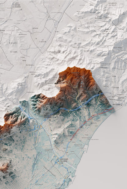 Mapa de relleu del Barcelonès, amb el territori en color i l’entorn en blanc. Detall de la part superior dreta. 61 × 91 cm. Estil Blau i taronja.