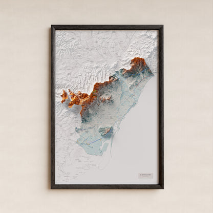 Mapa de relleu del Barcelonès, amb el territori en color i l’entorn en blanc. Presentació amb marc. 61 × 91 cm. Estil Blau i taronja.