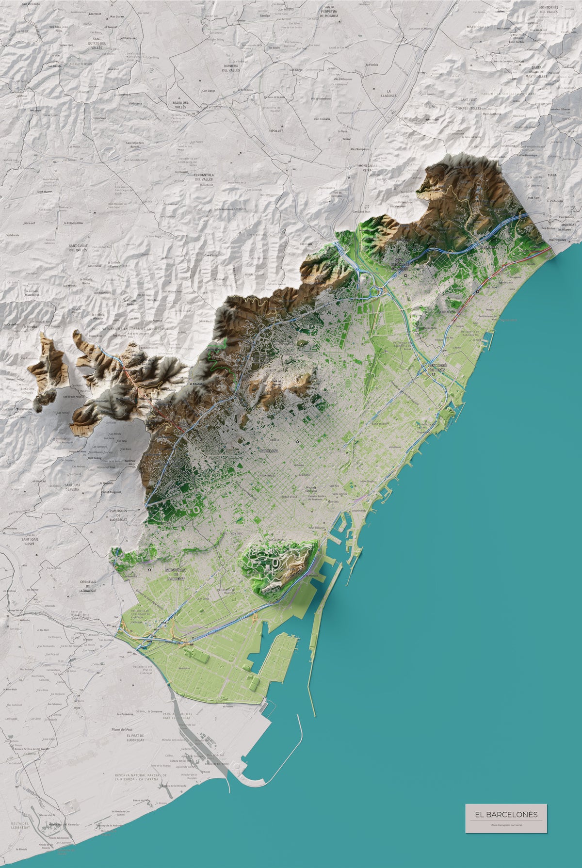 Mapa de relleu del Barcelonès, amb el territori en color i l’entorn en blanc. Vista completa de la làmina. 61 × 91 cm. Estil Clàssic.
