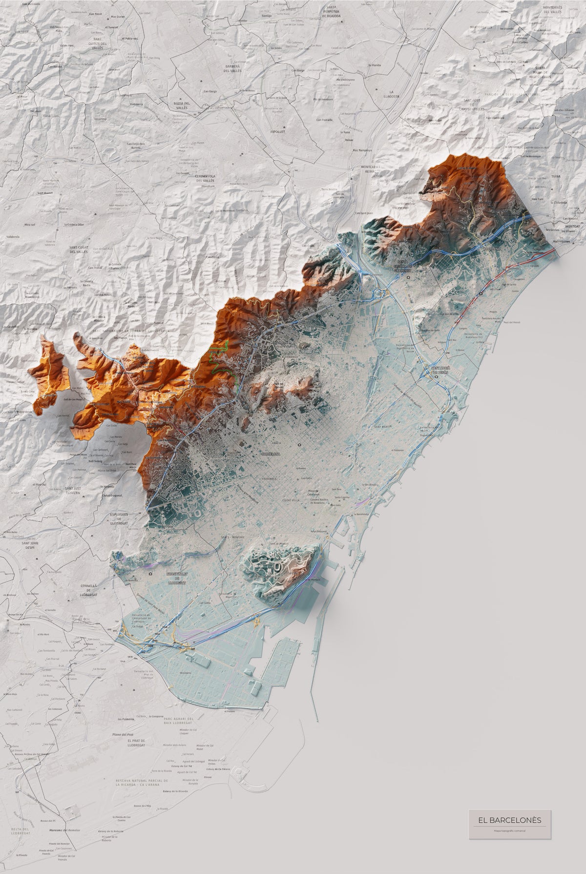Mapa de relleu del Barcelonès, amb el territori en color i l’entorn en blanc. Vista completa de la làmina. 61 × 91 cm. Estil Blau i taronja.