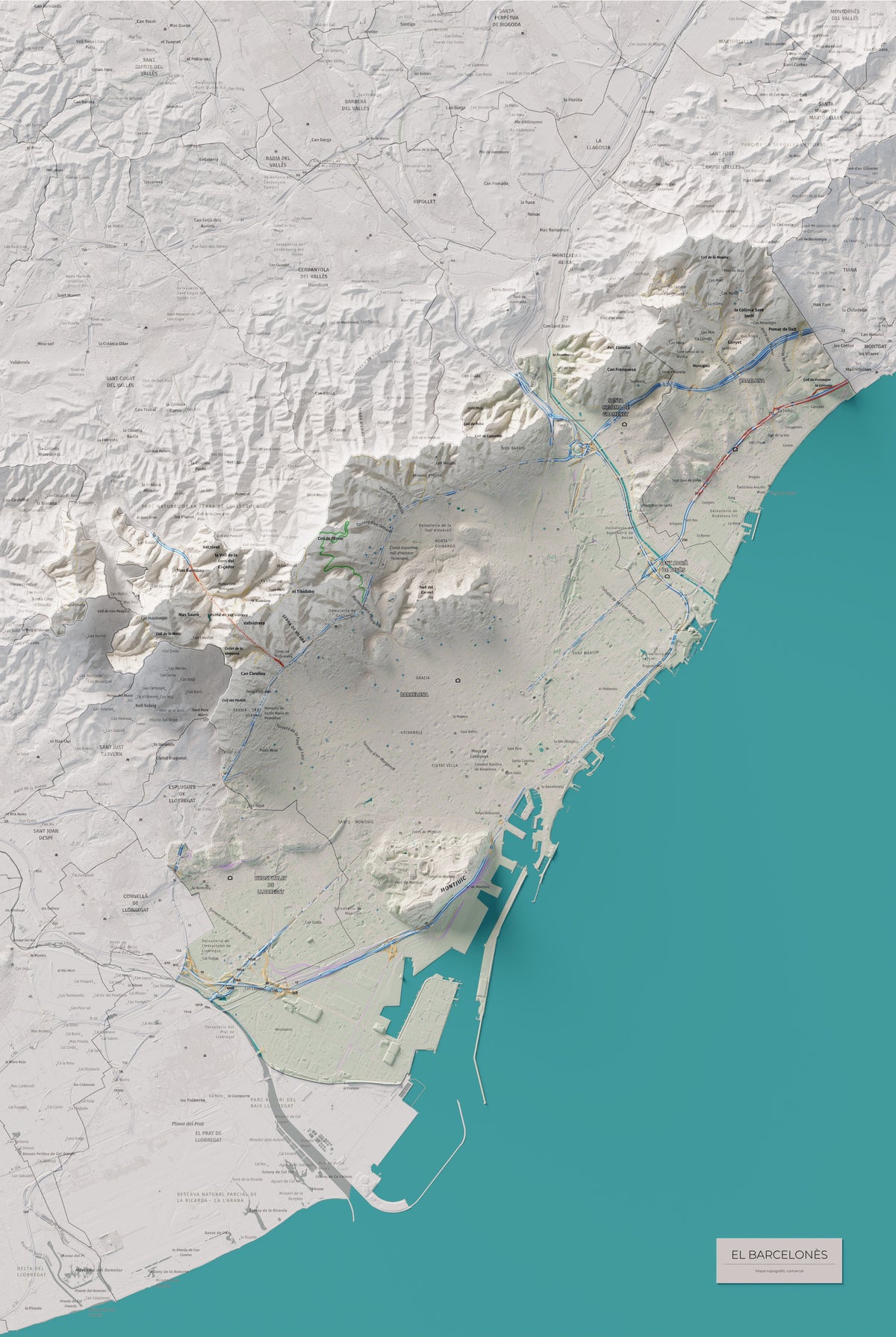 Mapa de relleu del Barcelonès, amb el territori en color i l’entorn en blanc. Vista completa de la làmina. 61 × 91 cm. Estil Cartogràfic.