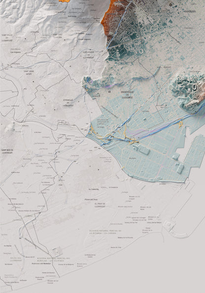 Mapa de relleu del Barcelonès, amb el territori en color i l’entorn en blanc. Detall de la part inferior esquerra. 70 × 100 cm. Estil Blau i taronja.