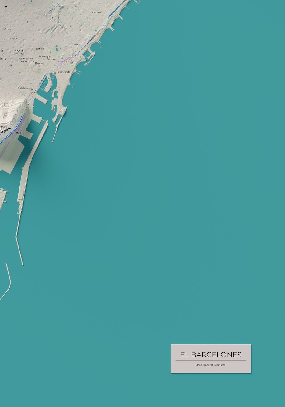Mapa de relleu del Barcelonès, amb el territori en color i l’entorn en blanc. Detall de la part inferior dreta. 70 × 100 cm. Estil Cartogràfic.
